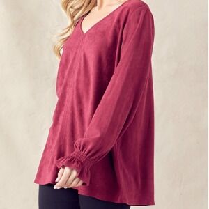 Joh Abigail V-Neck Long Sleeve Suede-Like Top‎ Maroon Women's Size S